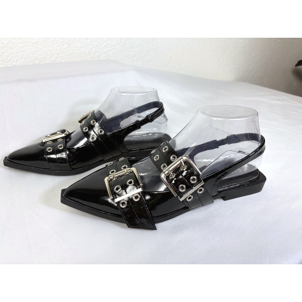 Berness Black Chunky Buckle Slingback Flats Shoes Size 6.5 Office Siren Chic